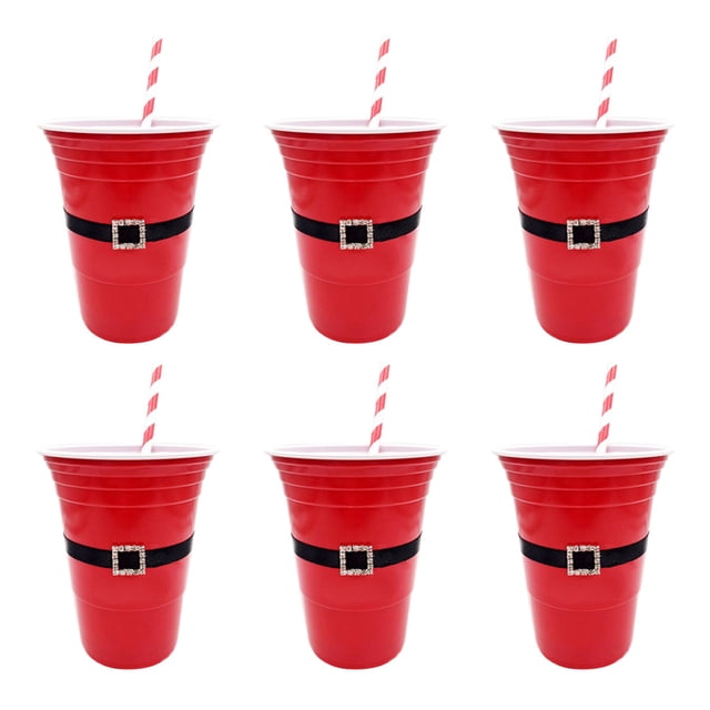 FELTECHELECTR 12 vasos de plástico navideños con diseño de cinturón de Papá Noel, para bebidas, vajilla y artículos para fiestas (6 vasos y pajitas cada uno)