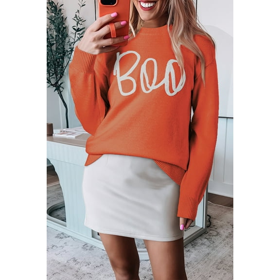 Redhotype Boo Print Knit Sweater: Long Sleeves, Drop Shoulder Chic