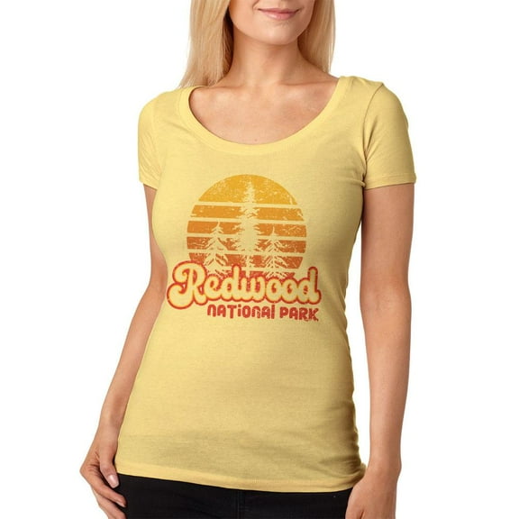 National Park Retro 70s Sunset Redwood Womens Soft Scoop T Shirt Yellow Haze MD