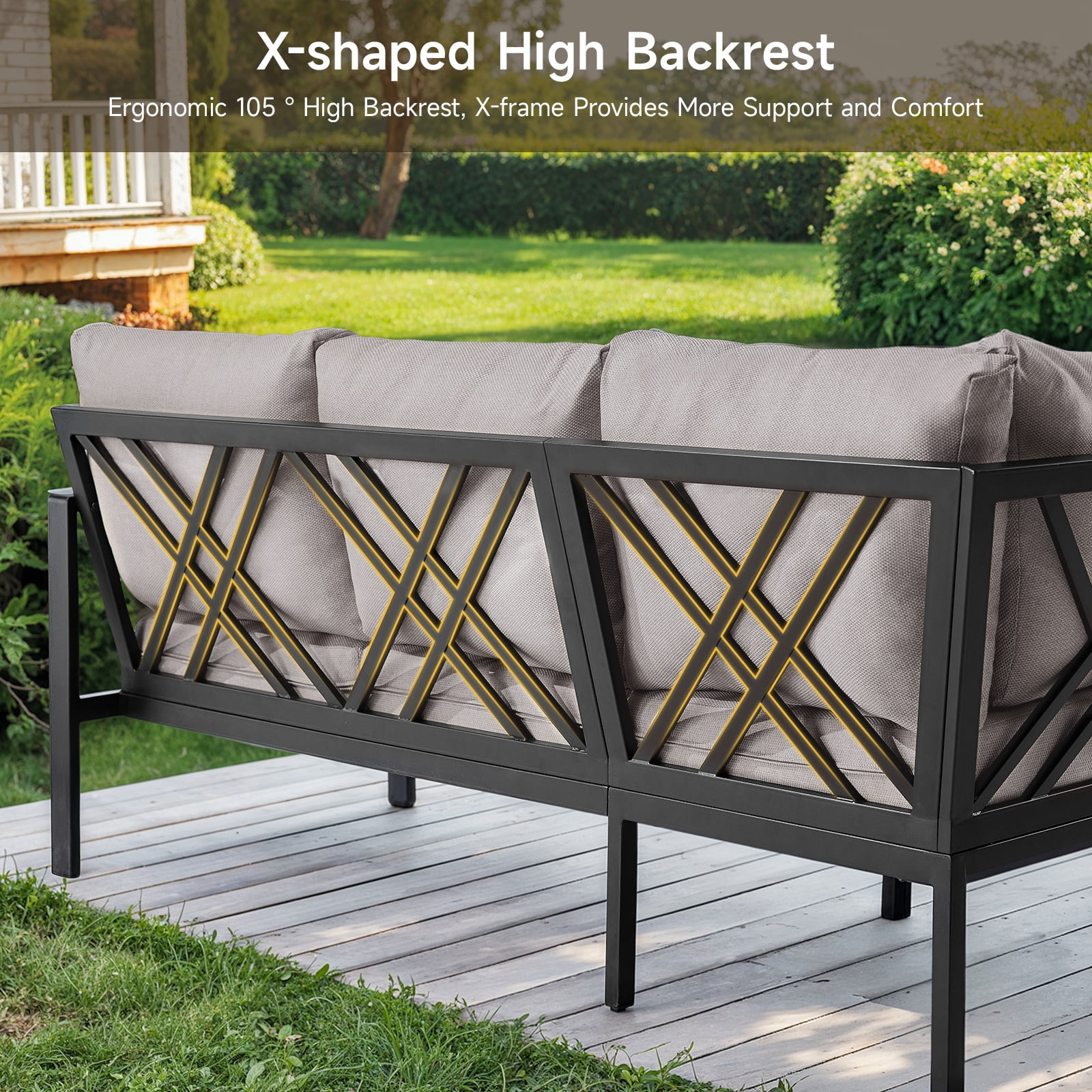 Onbrill Patio Furniture Set, 6 Pcs L-Shaped Metal Outdoor Sofa W/5.5" Cushion, Coffee Table, Grey