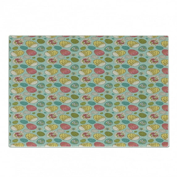 Easter Cutting Board, Pale Blue Backdrop with Curly and Floral Motifs in Doodle Style, Decorative Tempered Glass Cutting and Serving Board, Small Size, Multicolor, by Ambesonne
