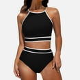 thumbnail image 2 of Curuila Two Piece Swimsuit For Women Crew Neck Halter Solid Color Top High Waisted Comfort Bikini Set Black Size L, 2 of 4