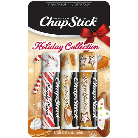- ChapStick Holiday Limited Edition (Candy Cane, Pumpkin Pie & Sugar Cookie Flavors, 1 Blister Pack of 3 Sticks) Seasonal Flavored Lip Balm Tube, 0.15 Ounce Each