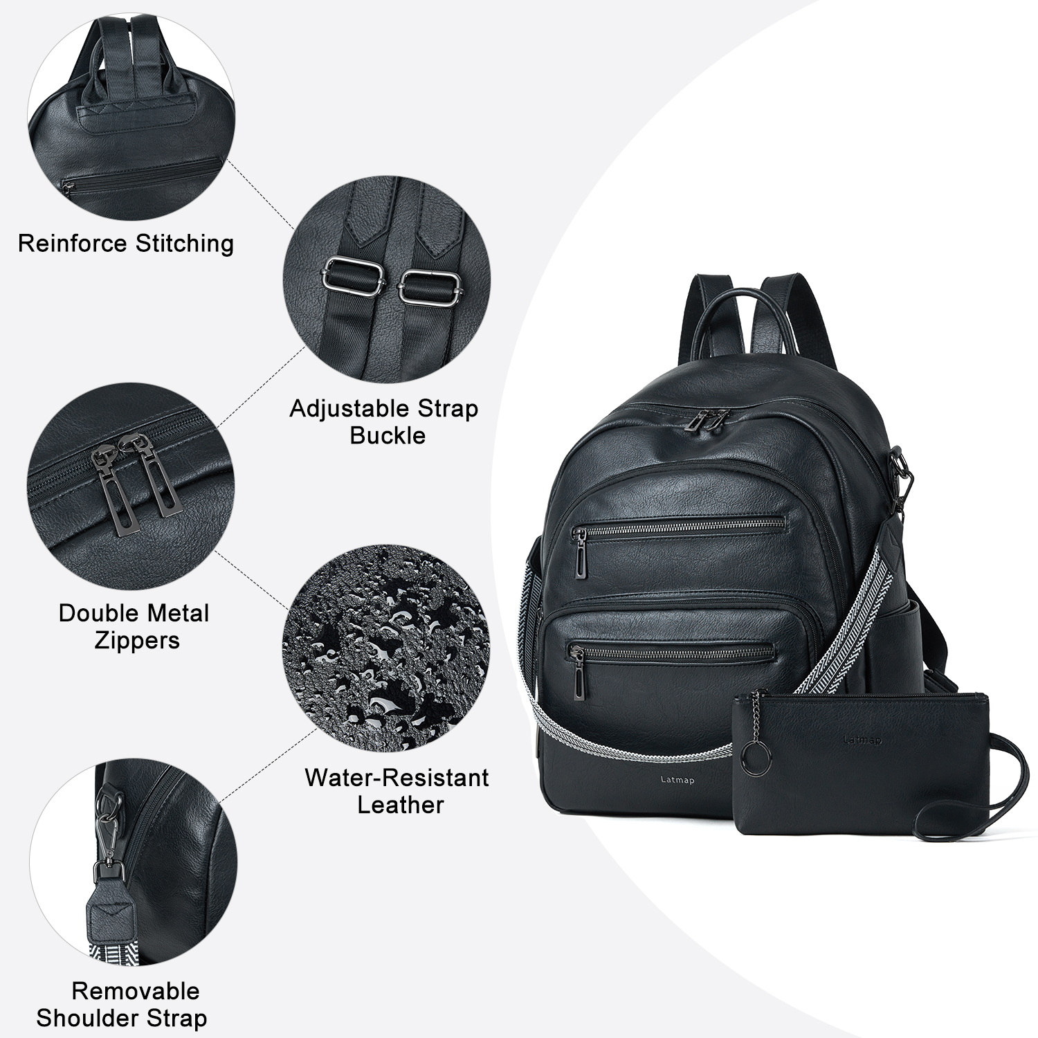 Backpack Purse for Women, Leather Vegan Ladies Fashion Designer Rucksack Convertible Travel Shoulder Bag Teacher College Daypack Work Handbag fits 14" Laptop-Black