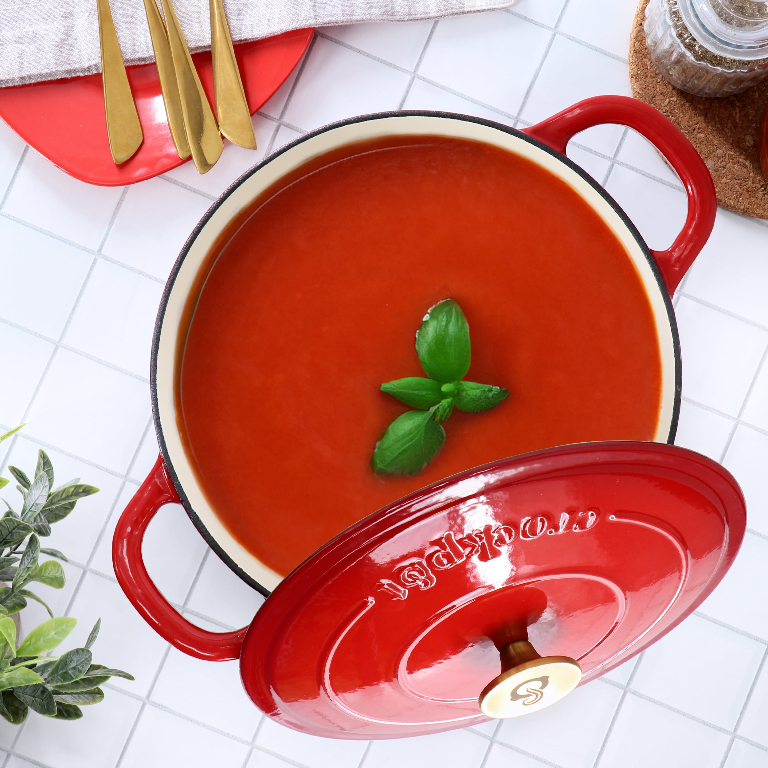 Vivicreate 9.6 QT Red Gradient Enamel Cast Iron Dutch Oven – Heavy-Duty Oval Pot For Braising, Roasting & Baking