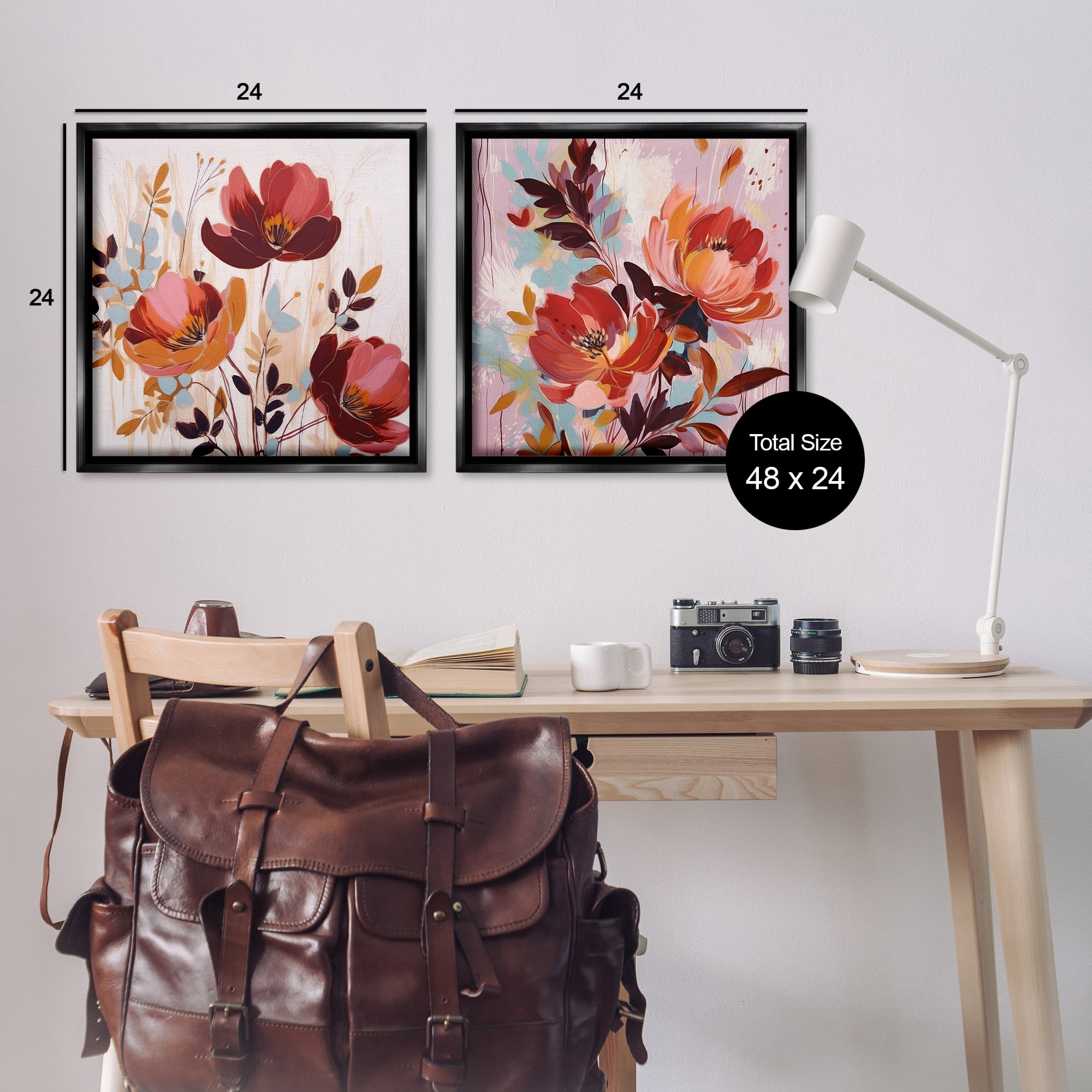 Stupell Industries Red Modern Flowers Botanical & Floral Painting Black Floater Framed Canvas Art Print Wall Art, 25 x 25, Set of 2