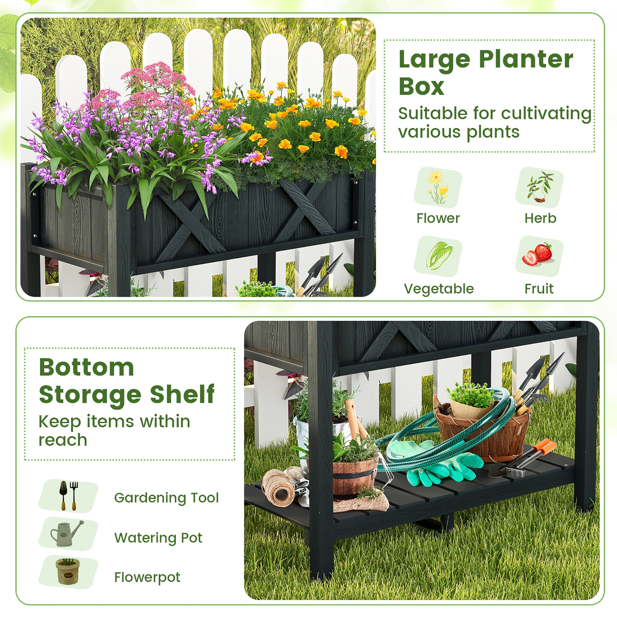 Gymax HIPS Raised Garden Bed Poly Wood Elevated Planter Box w/ Legs & Storage Shelf Black