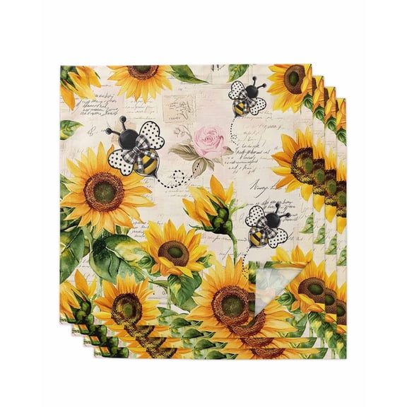 Cloth Napkins Set of 4 - 20x20 Inches, Sunflower Bee Washable Reusable Table Napkins, Yellow Botanical Vintage Rose Floral Spring Soft & Absortbent Dining Napkin for Party Wedding Hotel Restaurant