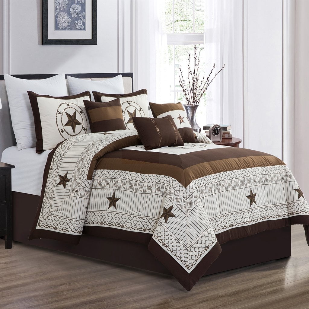 HIG 7 Pieces Beige Geometric Printed Comforter Set Color Block Patchwork Bed in A Bag, Queen