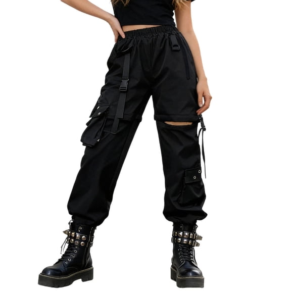 LIIPEE Detachable Leg Cargo Pants For Women Casual Solid Color Elastic Waist Loose Pants With Pockets Ladies Breathable Everyday Trousers,S