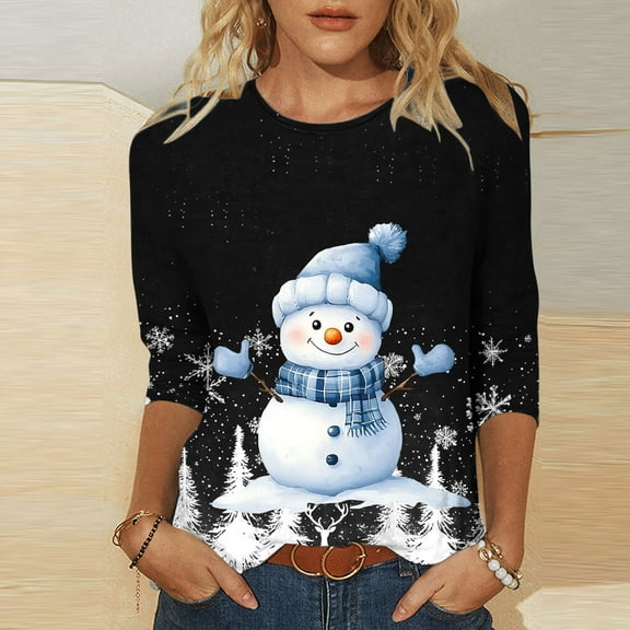 ZRGHAOYLQ Christmas 3/4 Sleeve Shirts for Women Christmas Snowman Print Shirts Christmas Basic Shirts Tops Loose Crewneck Pullover for Christmas Gifts