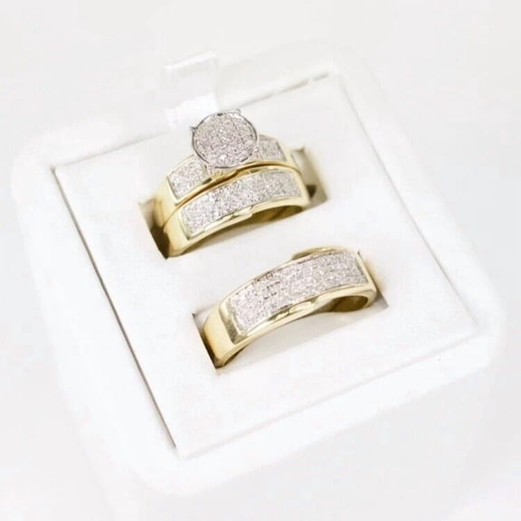 Silver Shop 14K Yellow Gold Finish Women's Men's Cubic Zirconia Wedding Bridal Trio Ring Set