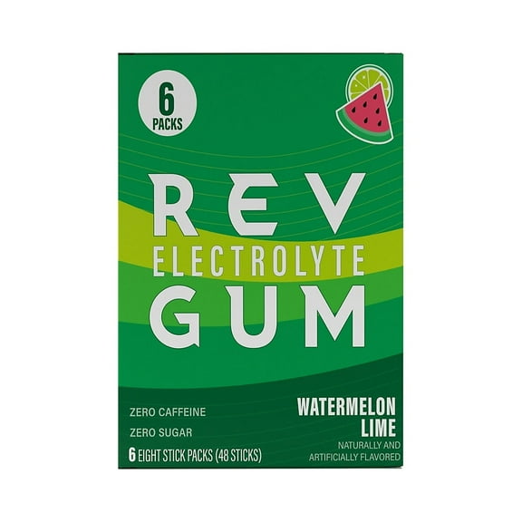 REV Electrolyte Gum, Watermelon Lime, Sugar-Free with Essential Electrolytes, 12 Count