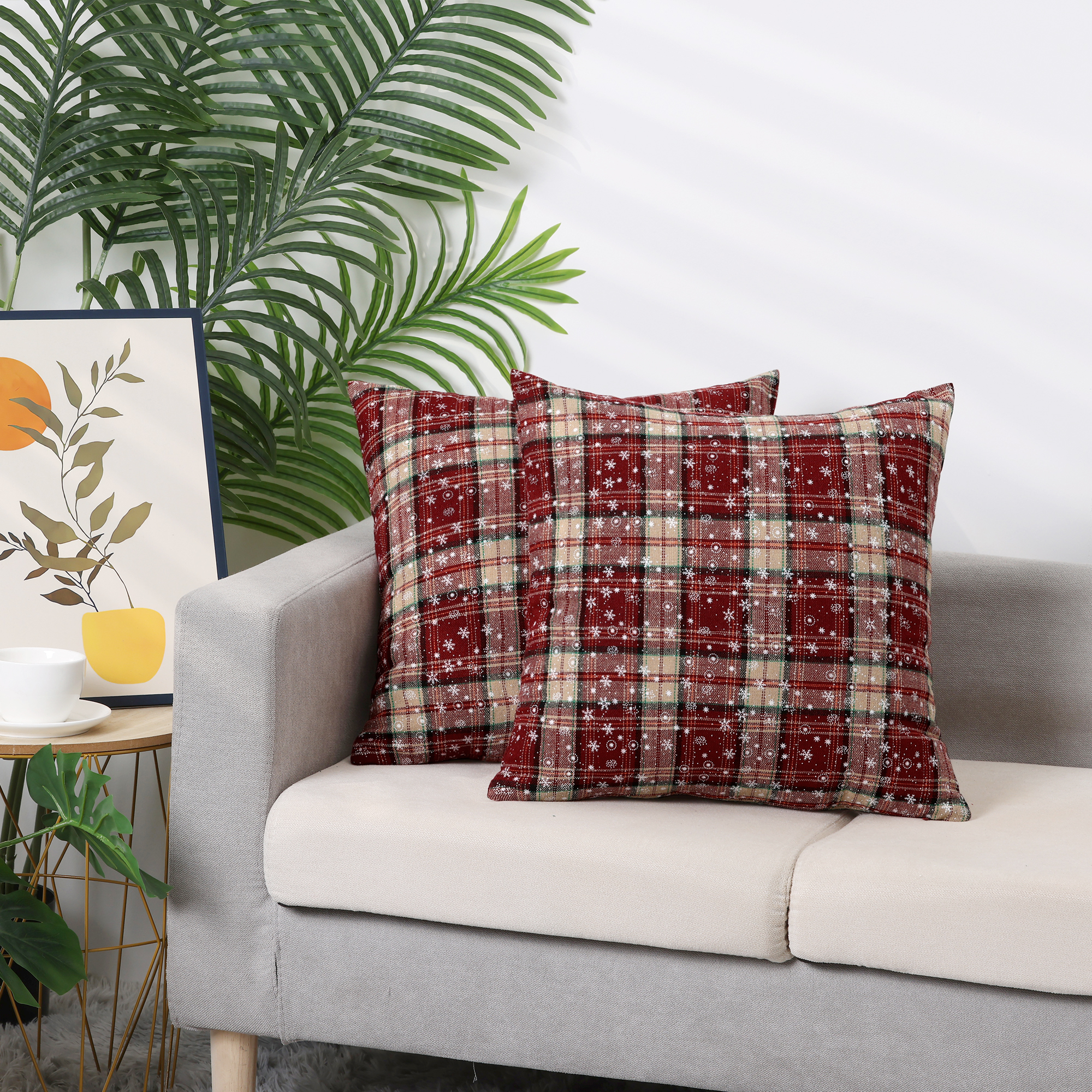 Unique Bargains Festive Plaid Snowflake Decorative Throw Pillow Covers Set of 2 for Home Red Snowflake 18" x 18"