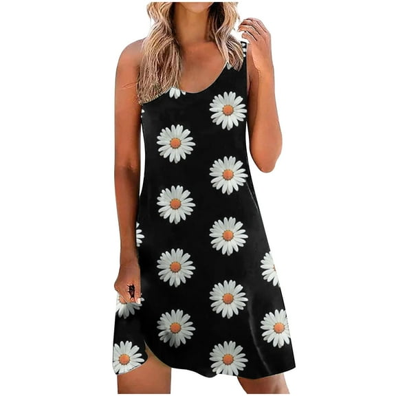 Sundresses for Women Casual Summer - Beach Dresses for Women Casual Summer Sleeveless Sundress Knee Length Midi Dress Boho Floral Vacation Tank Dress