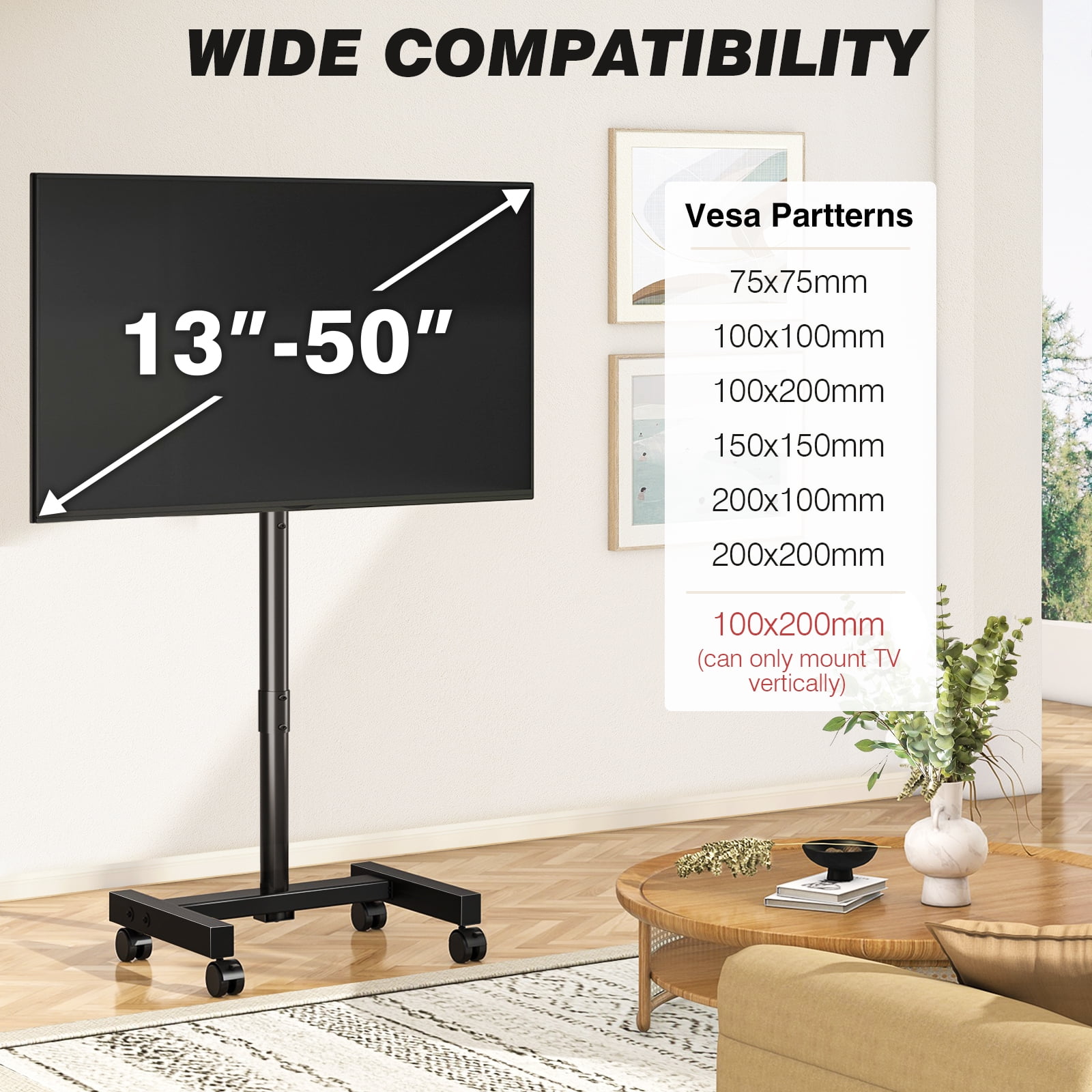 RTVR Floor Mobile TV Stand with Wheels for 13-50 inch Screens, Rolling TV Cart Stand with Mount, Portable Tilt Black