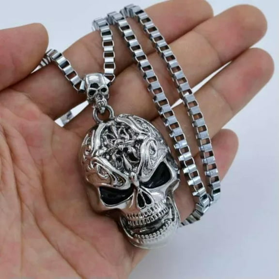 EOEMY Necklace Mens Choker Chain Jewelry Punk Womens Rock Metal Skull Skeleton Pendant