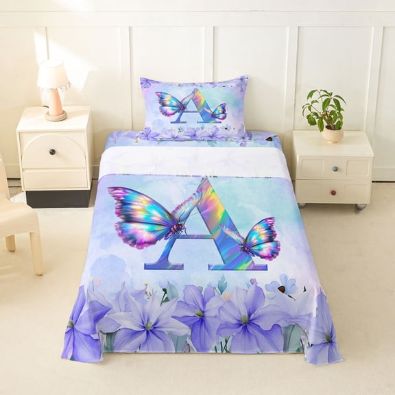 Erosebridal Purple Butterfly Twin Sheet Sets for Girls, Garden Flower Floral Bedding, Initial A, 1 Flat Sheet, 1 Fitted Sheet and 1 Pillowcase