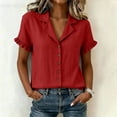 thumbnail image 5 of ClodeEU Women's Lapel Collar Pleated Short Sleeve Button Down Shirt,Solid Color Casual Blouse Red,Women's Plus XL, 5 of 8