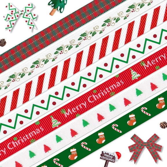 7 Rolls 3/8" Merry Christmas Grosgrain Ribbons for DIY Crafts & Decor 5 Yards