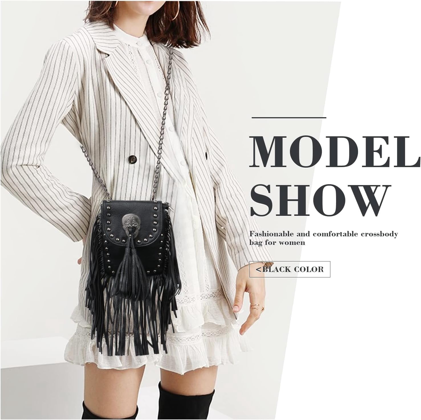 Leather Skull Fringe Purses for Women Black Tassel Shoulder Crossbody Bag Unique Gothic Punk Satchel Handbag