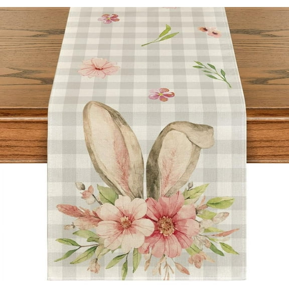 Natonhi 72inch Bunny Rabbit Ears Flower Easter Table Runner, Spring Summer Seasonal Holiday Kitchen Dining Table Decoration for Indoor Outdoor Home Decor