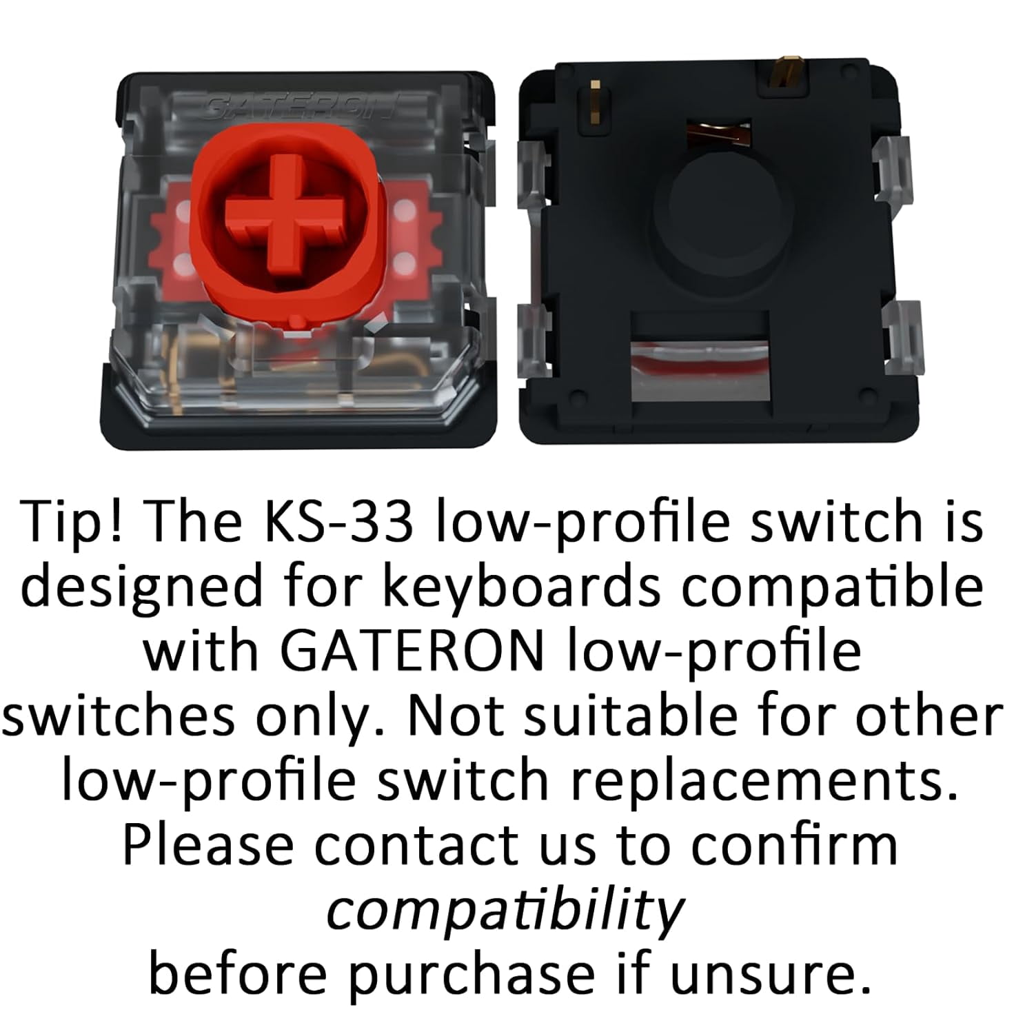 Gateron KS-33 Low Profile Red Silent 2.0 Switches, Linear 45gf 3-Pin SMD LED Pre-Lubed for MX Mechanical Keyboards (110 Pieces)