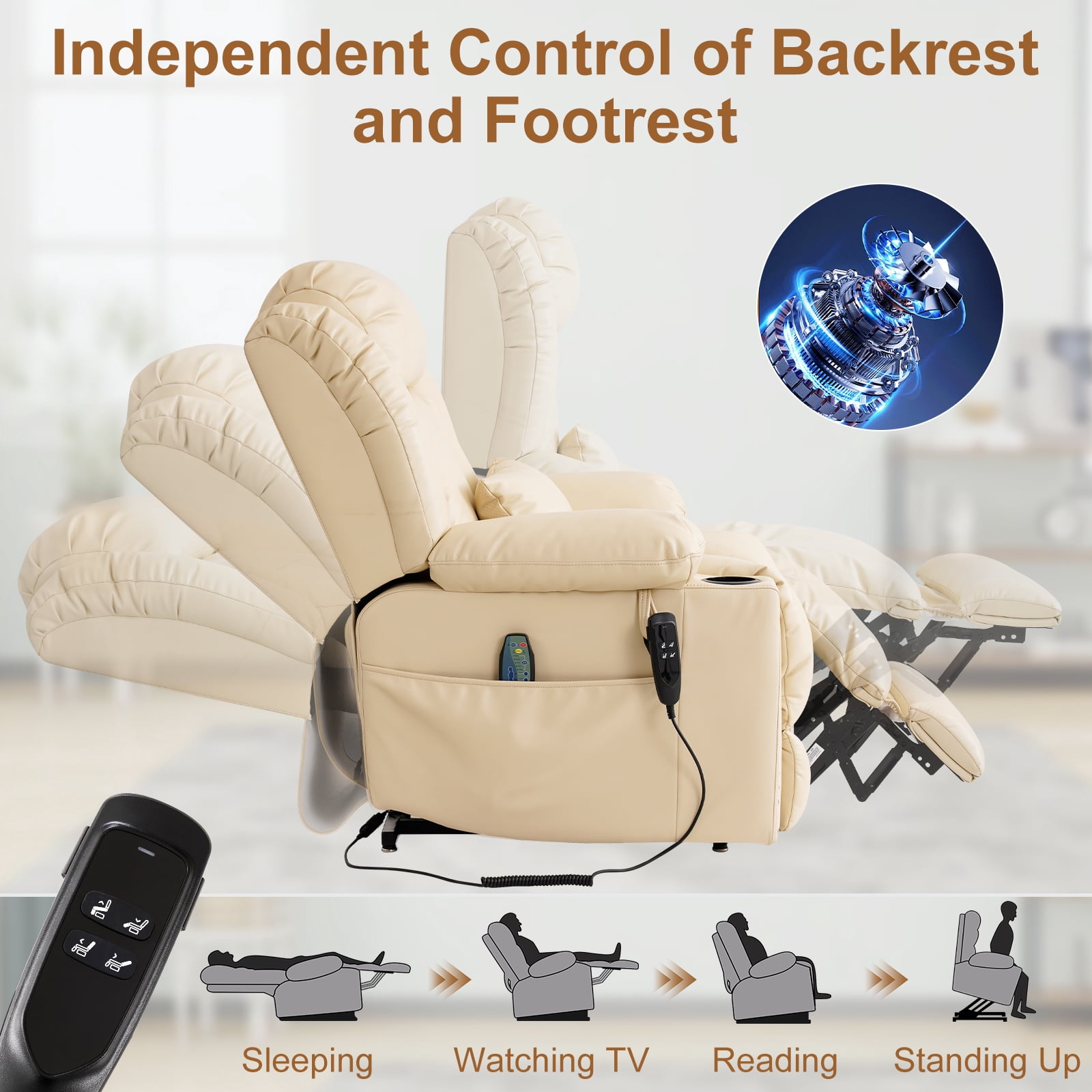 INGALIK Dual Motor Power Lift Recliner Chair, Infinite Position Lay Flat Recliners for Adult & Elderly with Heat & Massage, Cup Holder, Type-C Charge for Living Room, Leather (Beige)