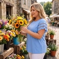 thumbnail image 2 of Agnes Orinda Women's Plus Size Tops Lace Panel Hollow Short Sleeves Summer Solid Blouses 1X Blue, 2 of 8