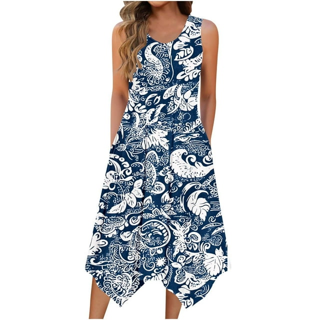 Staron Robes d'Été pour Femmes Sans Manches à Col Rond Robes de Printemps avec Poches Camisole Ample Couvre-Maillot Robe de Vacances Bleu Marine G