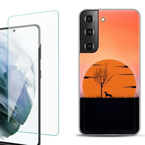 Slim-Fit Fashion Gel Phone Case for Samsung Galaxy S22  5G / S22 Plus 5G, with Tempered Glass Screen Protector, by OneToughShield ® - Sunset Dachshund