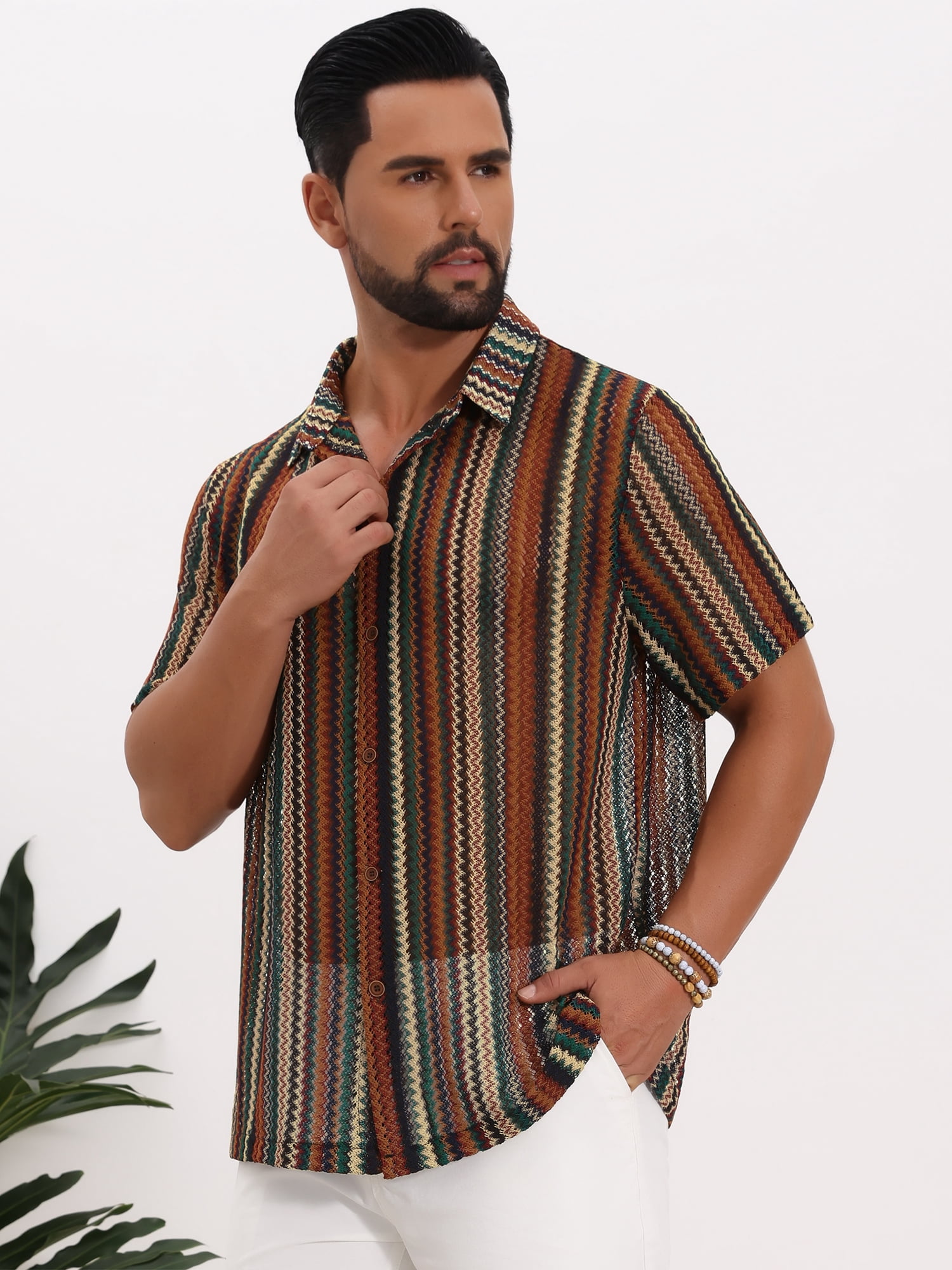 DARING DIVA Men's Striped Short Sleeve Button Down See Through Shirts L Brown Green