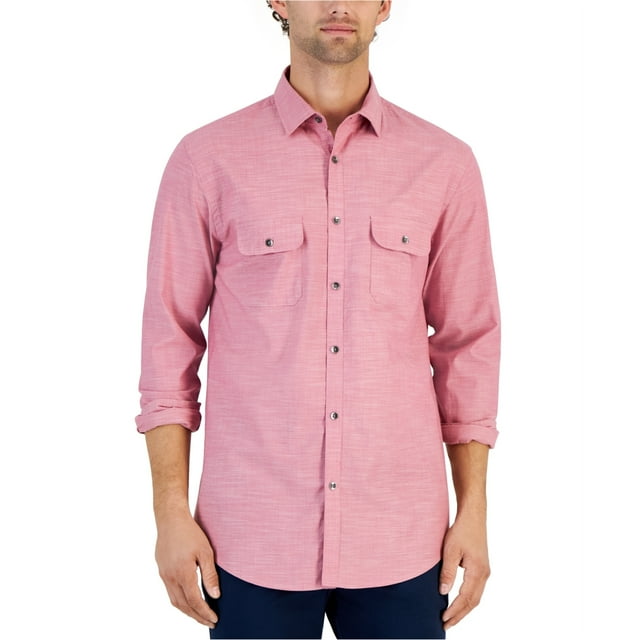 Alfani Mens Heathered Button Up Shirt, medpink, S Neck