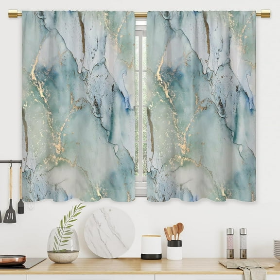 Teal Blue Gold Marble Kitchen Curtains Abstract Green Ink Bathroom Curtains Window Treatment Drapes Tier Gradient Watercolor Cafe Small Bedroom Short French Door Curtains 2 Panels 28x40 Inch