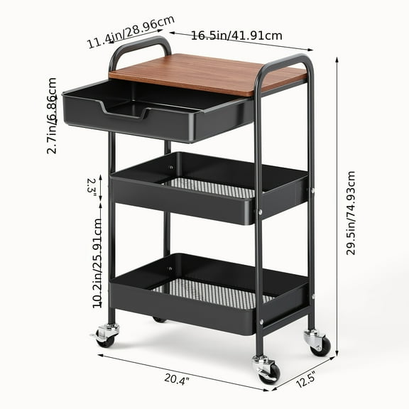 3-Tier Metal Rolling Utility Cart with Drawer & Table Top, White Storage Trolley for Kitchen, Office, Home, Bedroom, Lockable Wheels