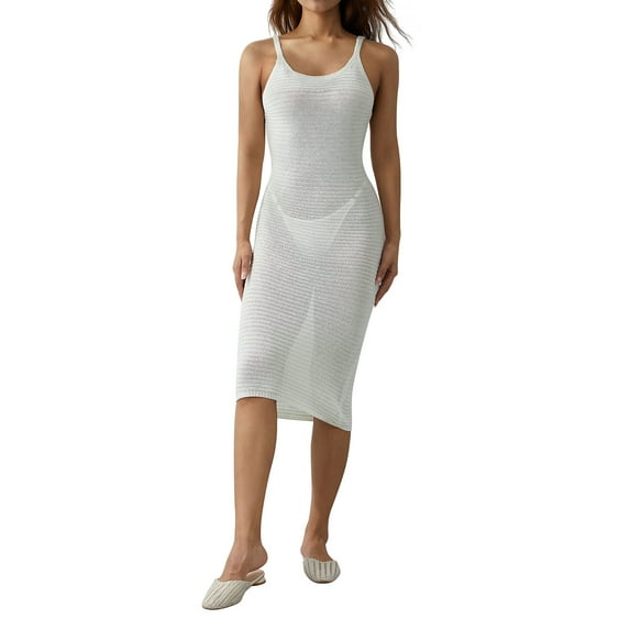 KOMOO Women Crochet Dress Sleeveless Backless Ribbed Knitted Slim Midi Dress