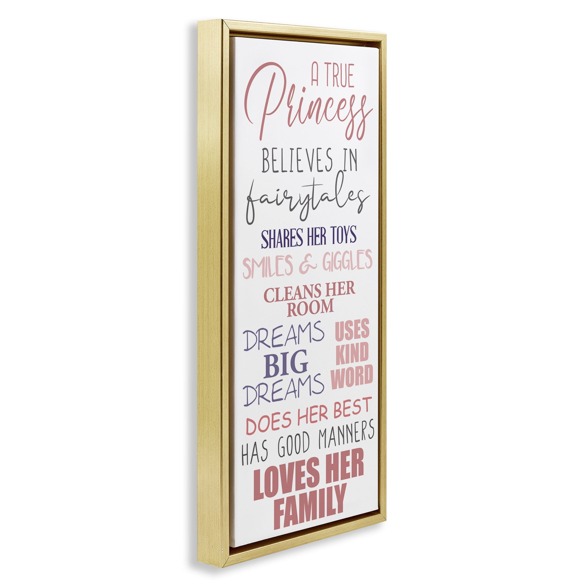 Stupell Industries Inspiring True Princess Rules Inspirational Painting Gold Floater Framed Canvas Art Print Wall Art, 11 x 25