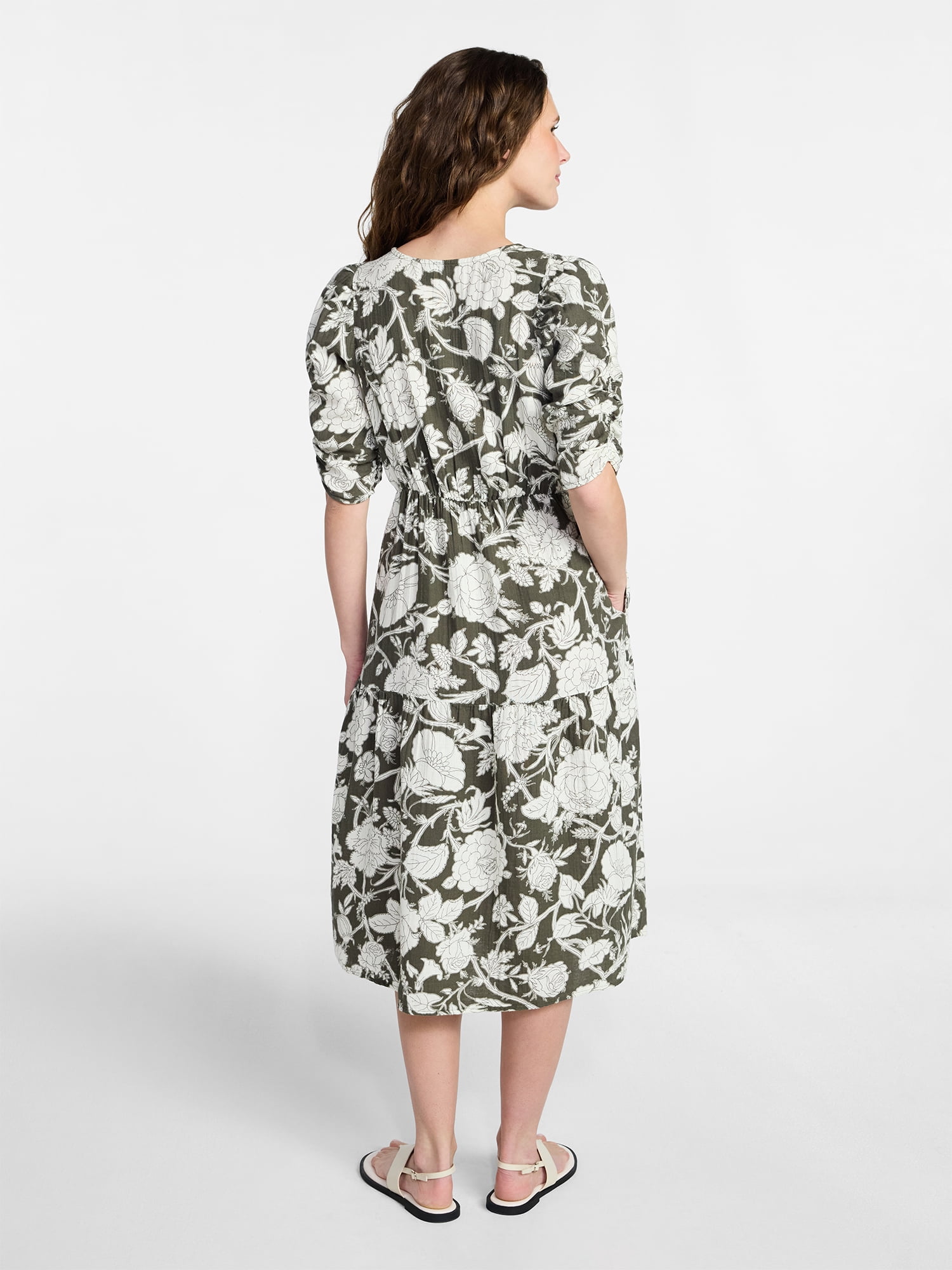 Time and Tru Women's Cotton Tiered Midi Dress with Elbow Length Sleeves, Sizes XS-XXXL