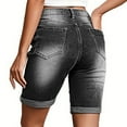 thumbnail image 4 of vigerkar Women High Waisted Stretch Bermuda Shorts Ripped Rolled Hem Jean Shorts Black, L, 4 of 8