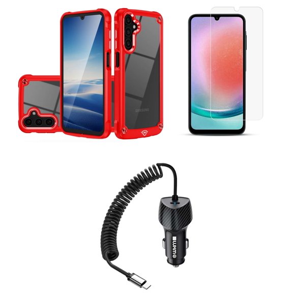 Compatible with Samsung Galaxy A15 5G Phone Case with Screen Protector [Tempered Glass], Full-Body Shockproof Protection [Reinforced Corners] Transparent Hybrid Cover, Car Charger - Red