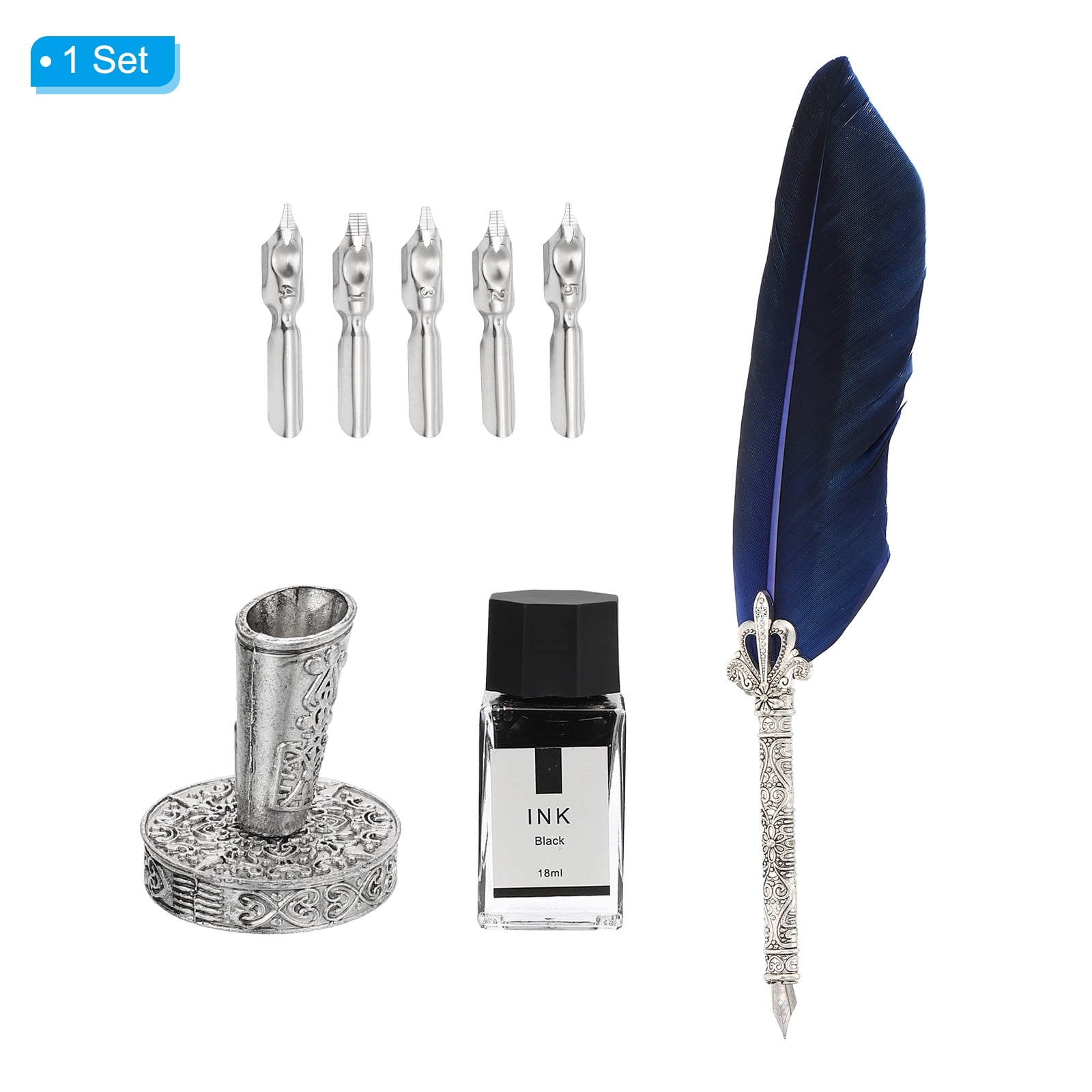 Uxcell 26cm/11" Carved Feather Pen Set, Quill Pen with Ink Set 5 Replacement Nibs Stand Base for Calligraphy,  Dark Blue