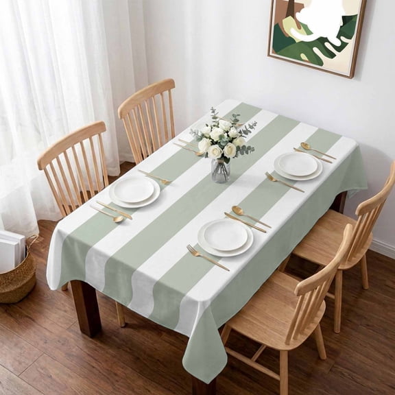 Sage Green Stripe Table Cloth Waterproof Tablecloths, Modern Simple Geometric White Striped Tablecloth Dining Table Cover for Kitchen Party Tabletop Outdoor, Rectangle Tablecloth 52x70 Inch