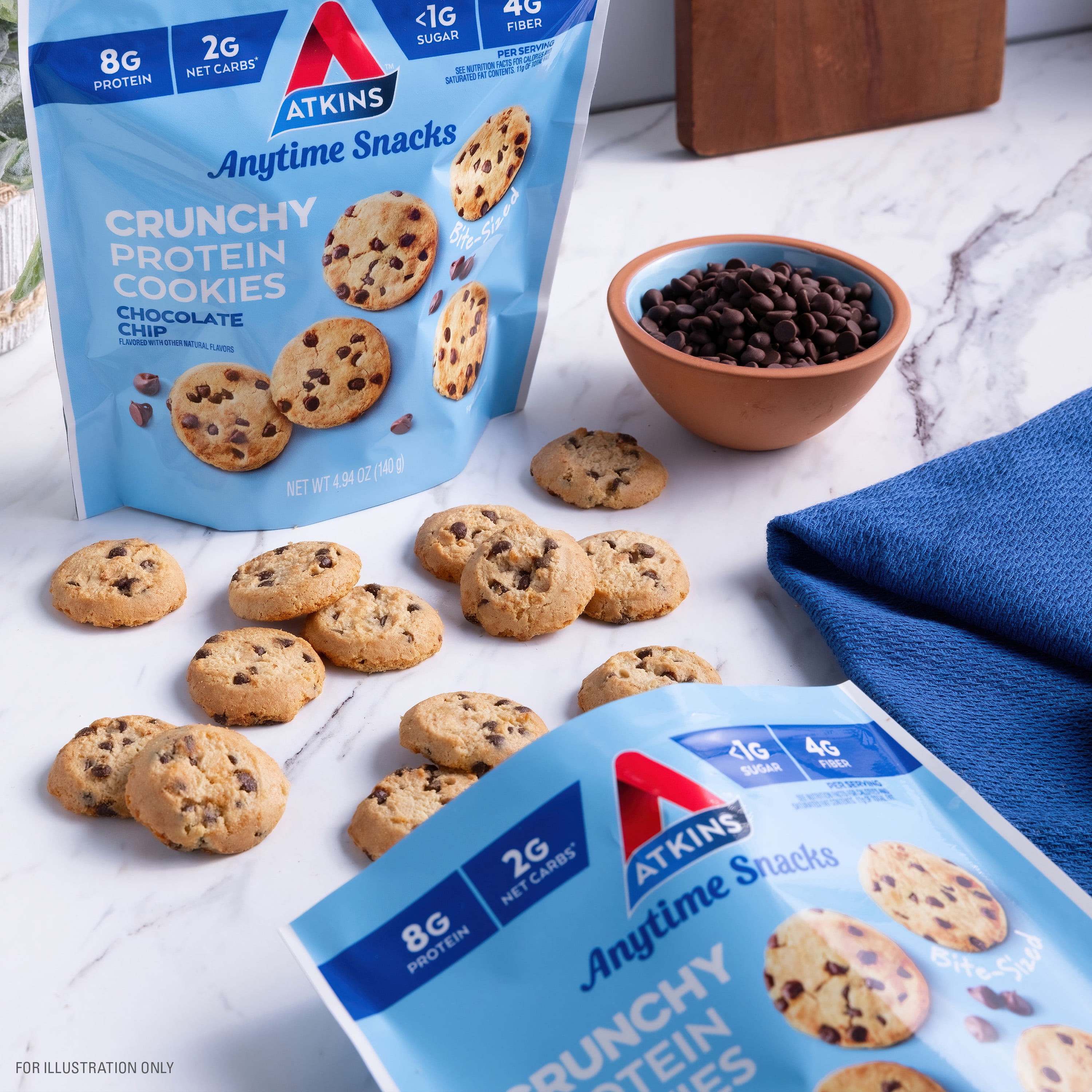 (4 pack) Atkins Crunchy Bite-Sized Protein Cookies, Chocolate Chip, 4.94 oz Resealable Bag