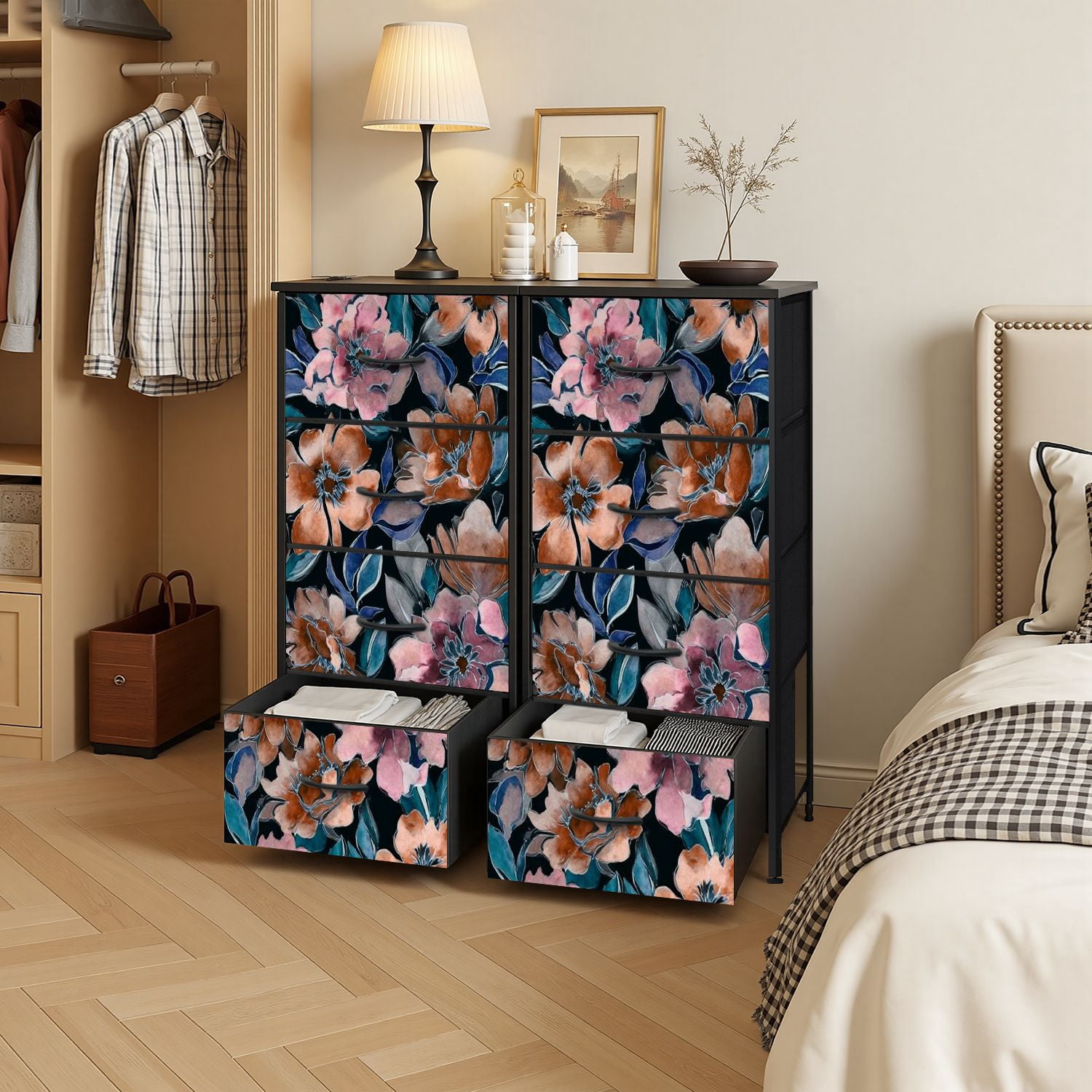 4 Drawer Vertical Storage Dresser Watercolor spring floral bouquets Vintage botanical with Wood Top Fabric Pull Drawers