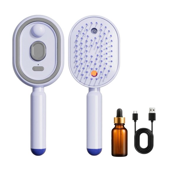 Rechargeable Hair Steamer Brush Vibration Scalp Massage Comb with Essential Oil Mist Anti-Static Detangler (With Essential Oil Purple 300mAh)