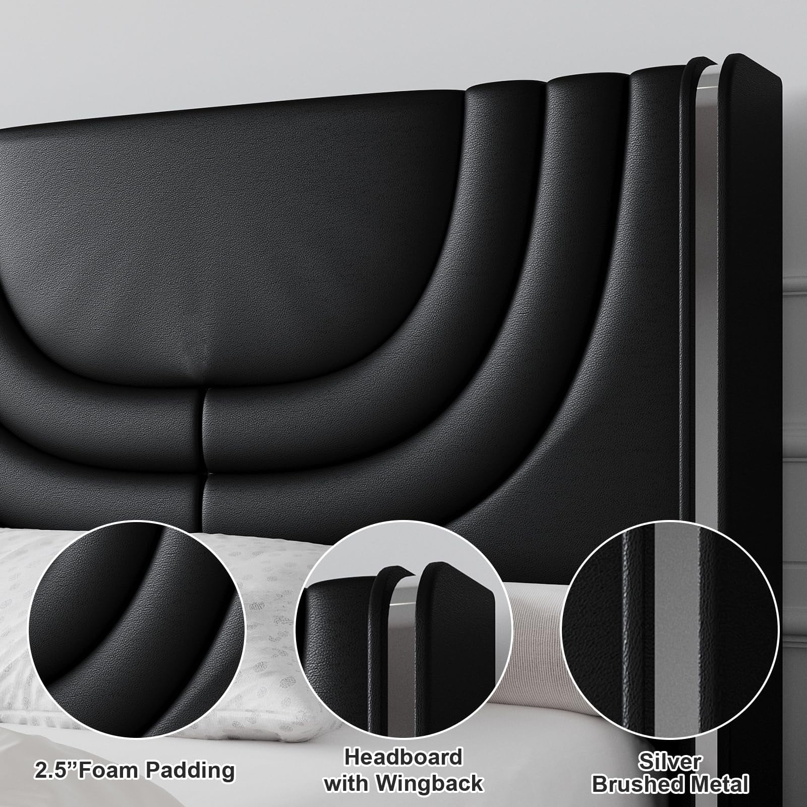 4 EVER WINNER Queen Size LED Bed Frame, Wingback Platform Bed with Upholstered Headboard, Black