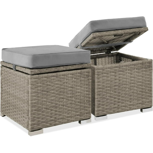 JJUN Set of 2 Wicker Ottomans, Multipurpose Outdoor Furniture for Patio, Backyard, Additional Seating, Footrest, Side Table w/Storage, Removable Cushions - Cement Gray/Taupe