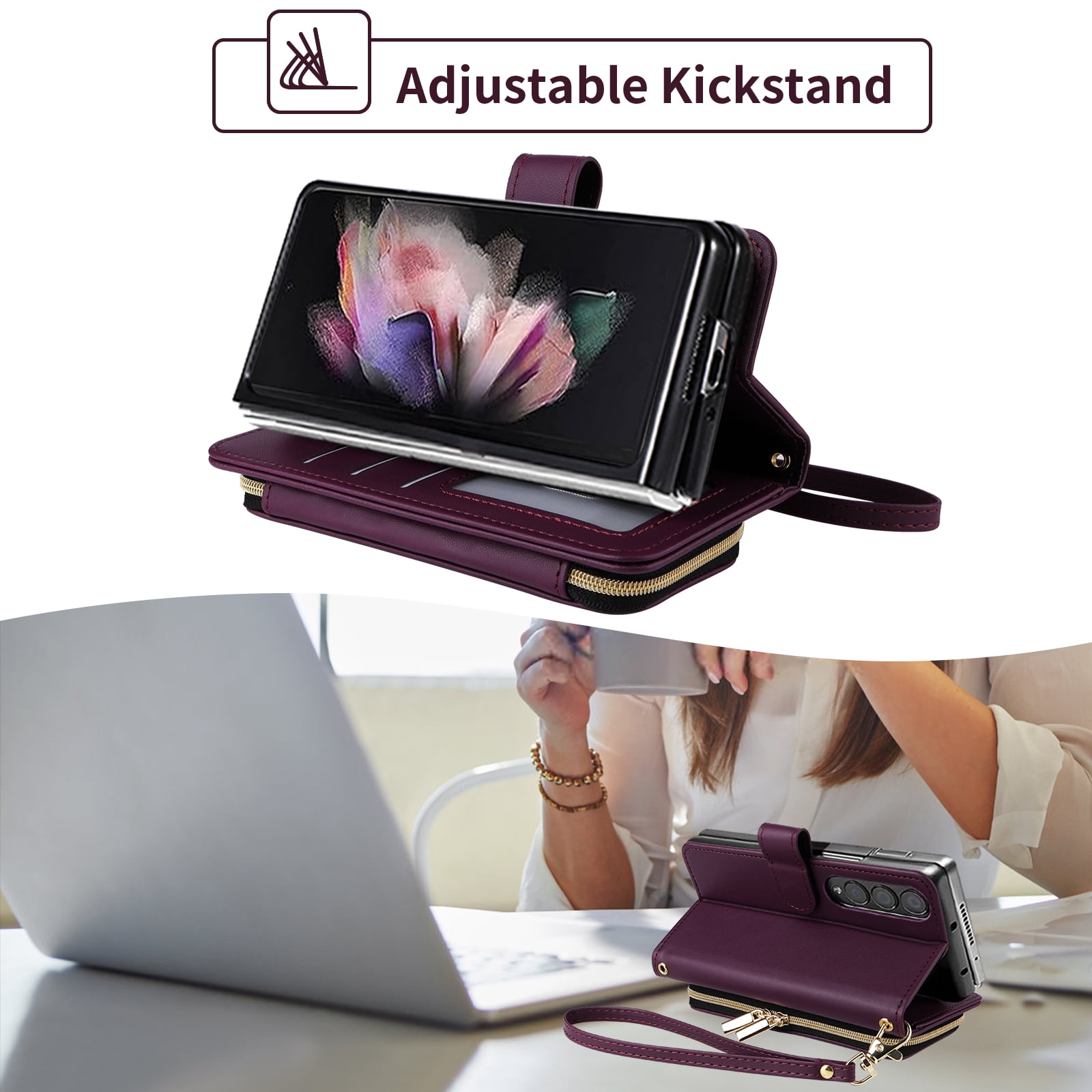 Furiet Wallet Case for Samsung Galaxy Z Fold 4 5G 2022 with Wrist Strap Crossbody Shoulder Strap Card Slot Zipper Purse Luxury PU Leather Stand Phone Cover for ZFold4 Z4 Fold4 4Z ZFold45G Deep Purple