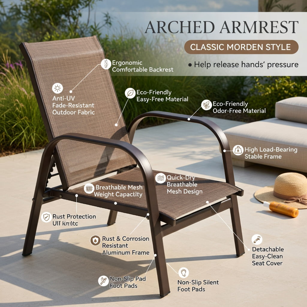 Hommoo 2-Pack Outdoor Patio Dining Chairs with Armrests, Heavy-Duty Steel Frame, Breathable Fabric, Indoor/Outdoor Use, Brown