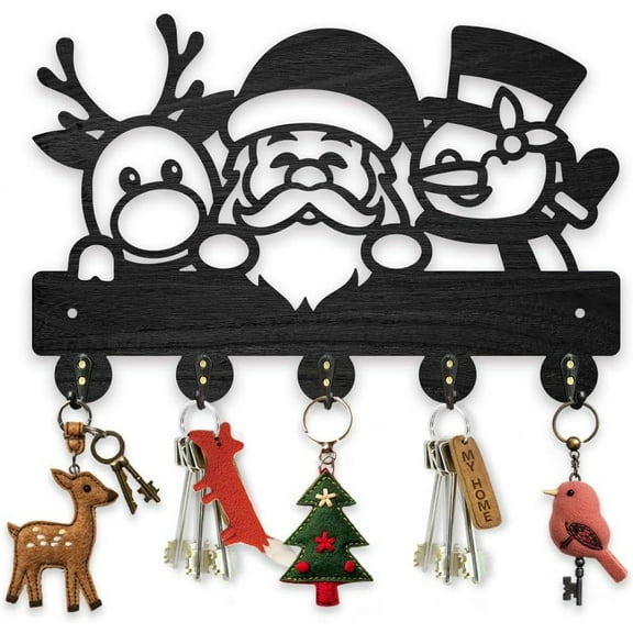 Christmas Deer Santa Claus Snowman Coat Hooks Wood Key Holder for Wall 11.8×7.9inch Black Winter Key Hooks Rack 5 Alloy Hooks Christmas Home Decor Gifts Entryway Kitchen Bathroom Storage